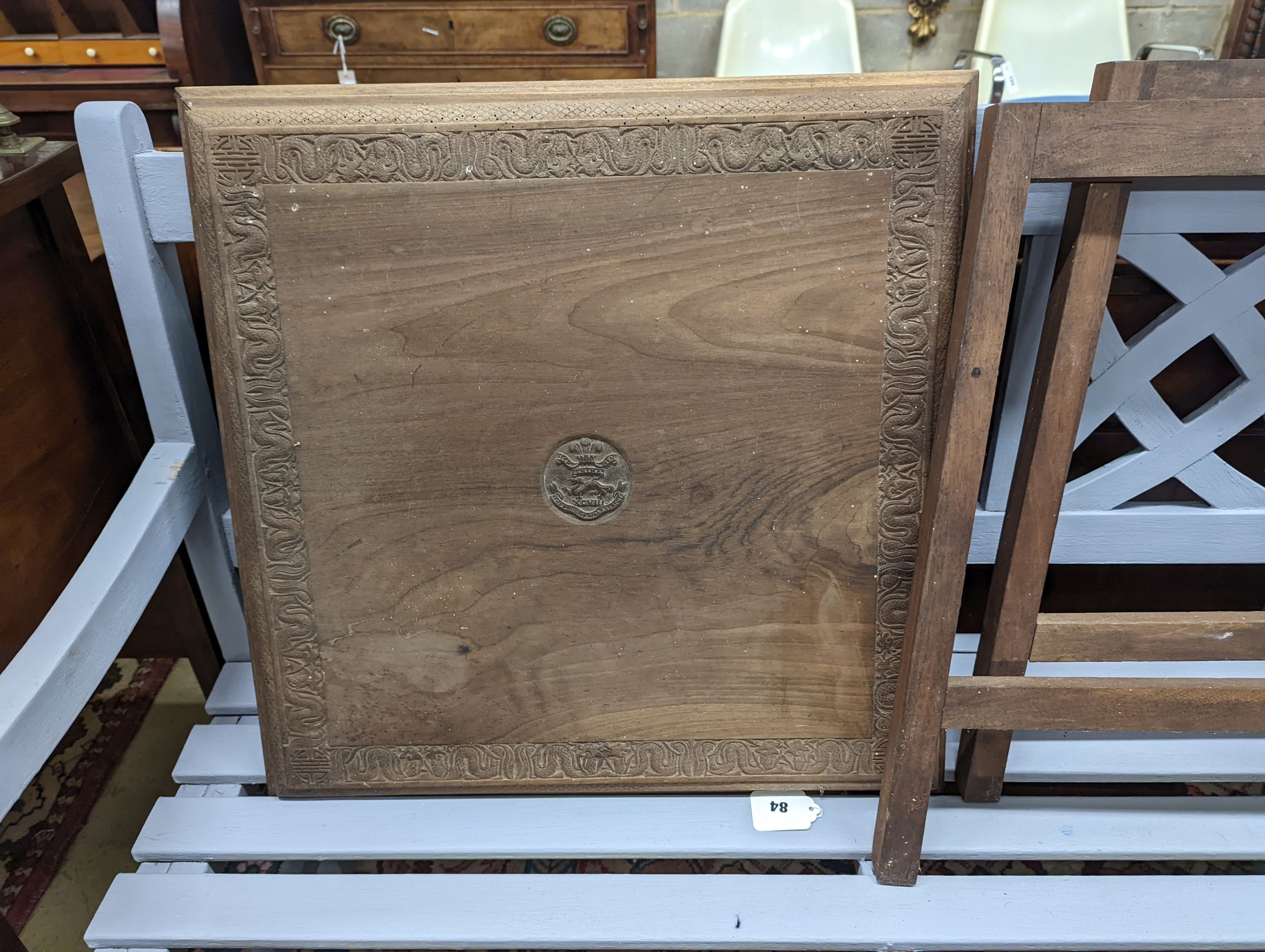 A Chinese square carved hardwood tray top occasional table with Prince of Wales crest, width 56cm, height 60cm